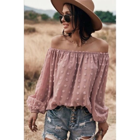 Private Label Tops - 𝅺Swiss Polka Dot Off Shoulder Top